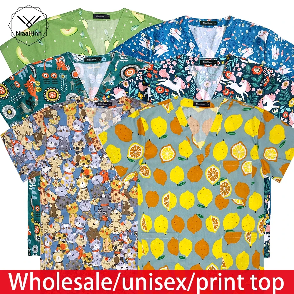 Groothandel Fruit Print Mannen Korte Mouwen Shirt Unisex Outdoor Camping Top Scrub Katoen Ademend Gezondheid Kliniek Zorg Accessoires