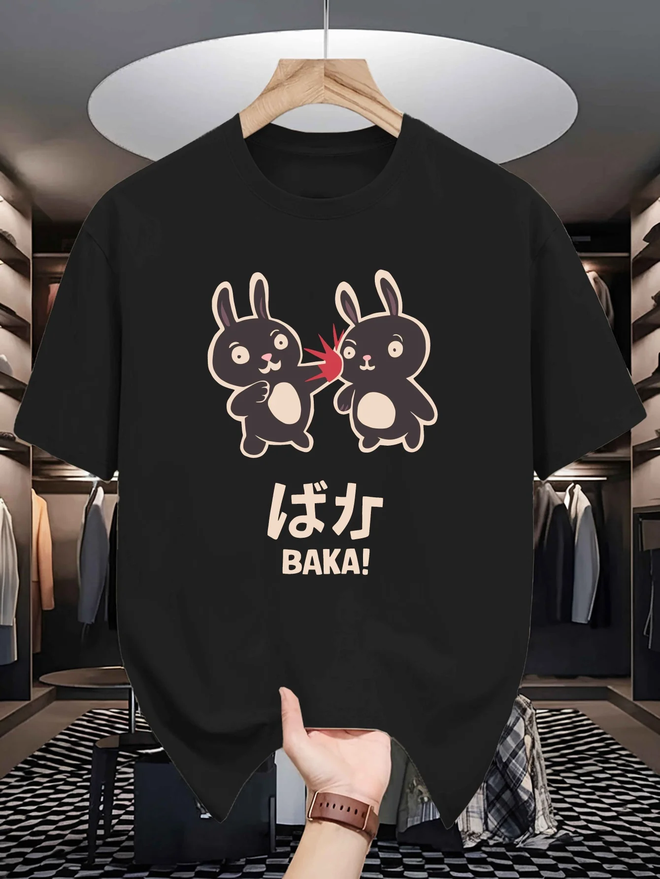 Baka Slapping Rabbit Graphic Mens Crew T Shirt Funny Japanese Anime Style Print Soft Loose Summer Casual Street Short Sleeve Tee