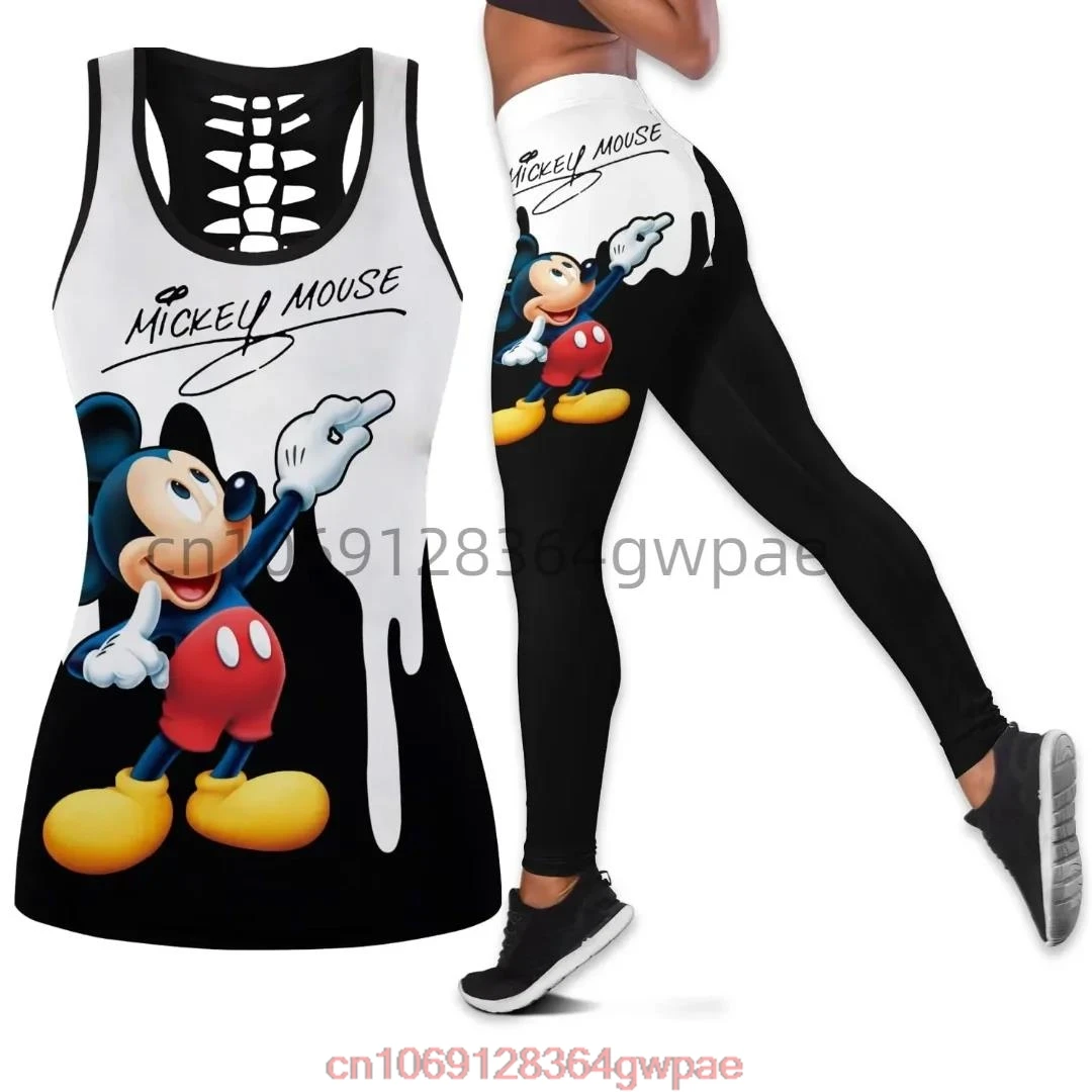 Disney Mickey Women\'s Book Hollow Tank Top+Women\'s Leggings Yoga Wear Fitness Leggings Sports Suit Disney Tank Top Leggings Suit