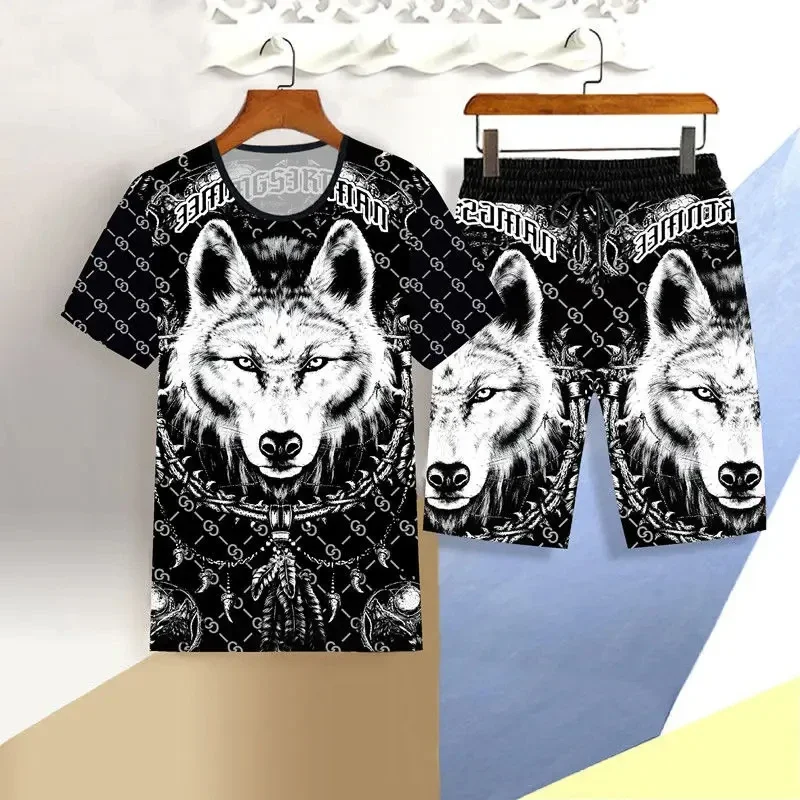 2025 New 3D Dragon Pattern Summer Men's Beach Short Sleeved Shorts Set Men's Clothing T-shirt 2-piece Set Round Neck Sport