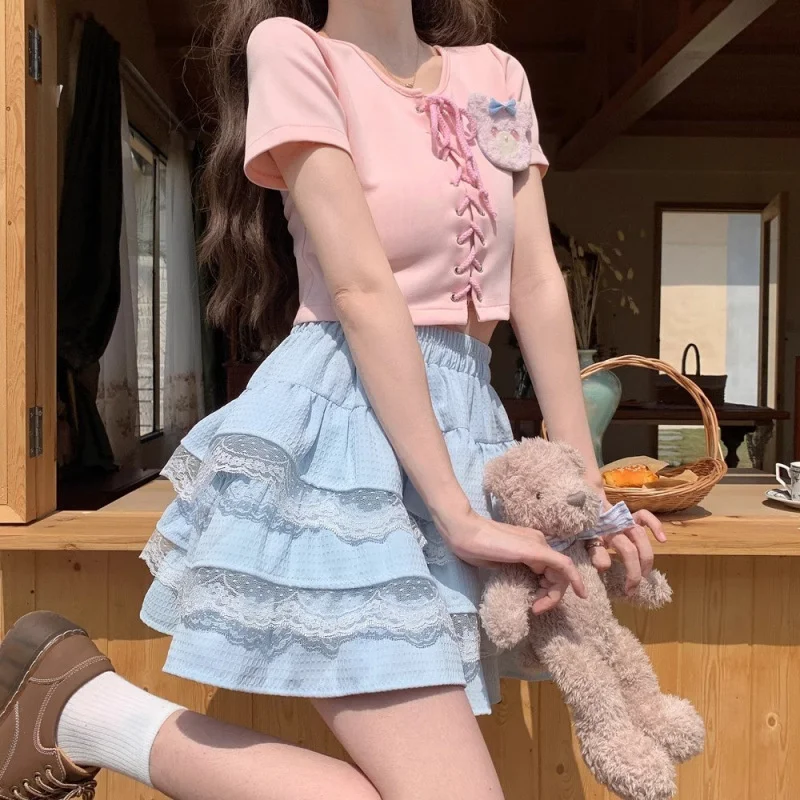 Gaun Kue Renda Anak Perempuan Musim Panas Y2K Rok Setengah Linen Katun Tepi Ruffle Tambal Sulam Rok Berlipat Pinggang Tinggi Rok Berbulu A-line Baru