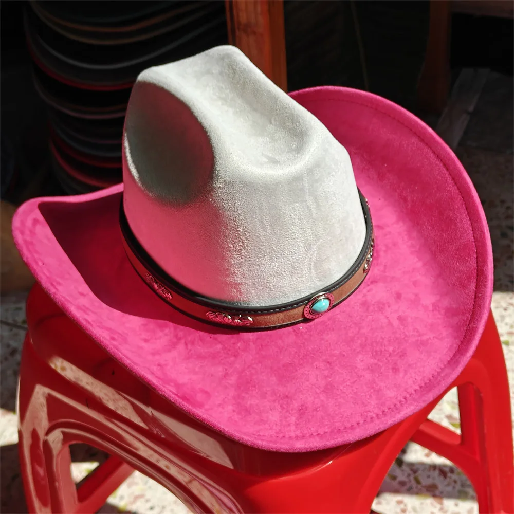 Faux Suede cowboy hat Two Tone Western Cowboy hat Cream and Rose Red Suede hat British Style Retro Men's Gorras Hombre Cap