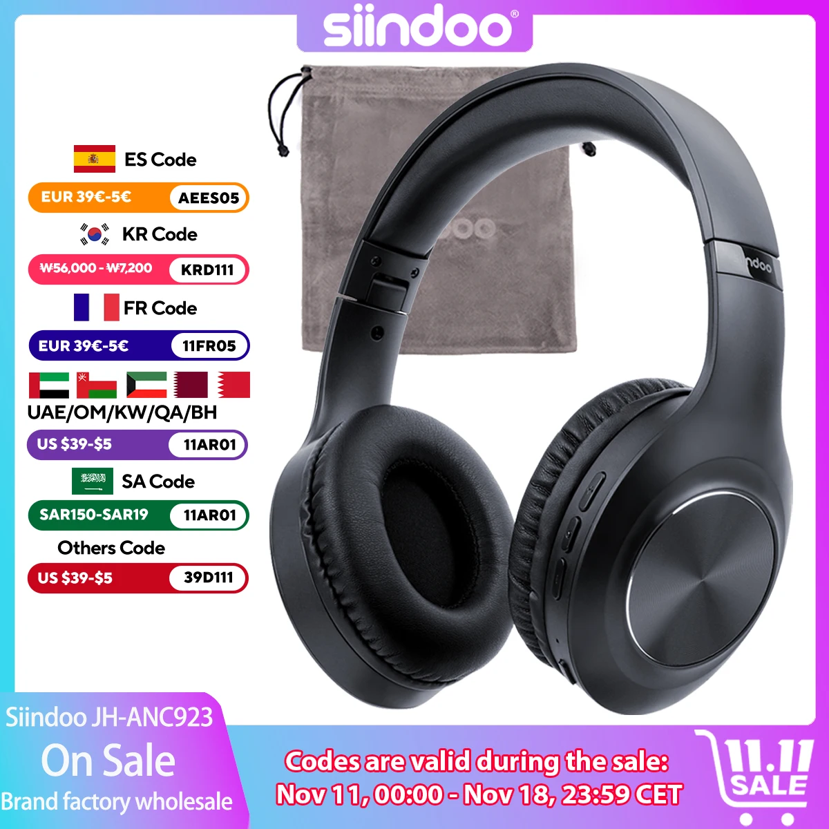 Siindoo Headset JH-ANC923 nirkabel Noise Cancelling, Headphone Bluetooth Over-Ear dapat dilipat dengan mikrofon, Bass dalam Stereo Hi-Fi