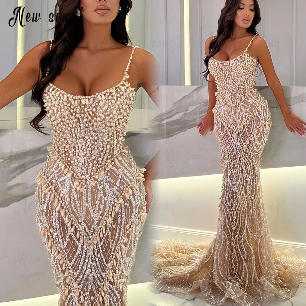 Dubai Straps Champagne Party Dress Pearls Covered Long Mermaid Evening Dress Women Beaded Pageant Cocktail Dress Bridal Gowns