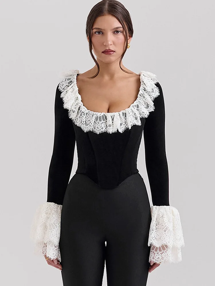 

Sexy Spicy Girl Low Cut Lace Trim Long Sve Top Women's Long irt High Waist European Sle Velvet Fabric Bell Sve