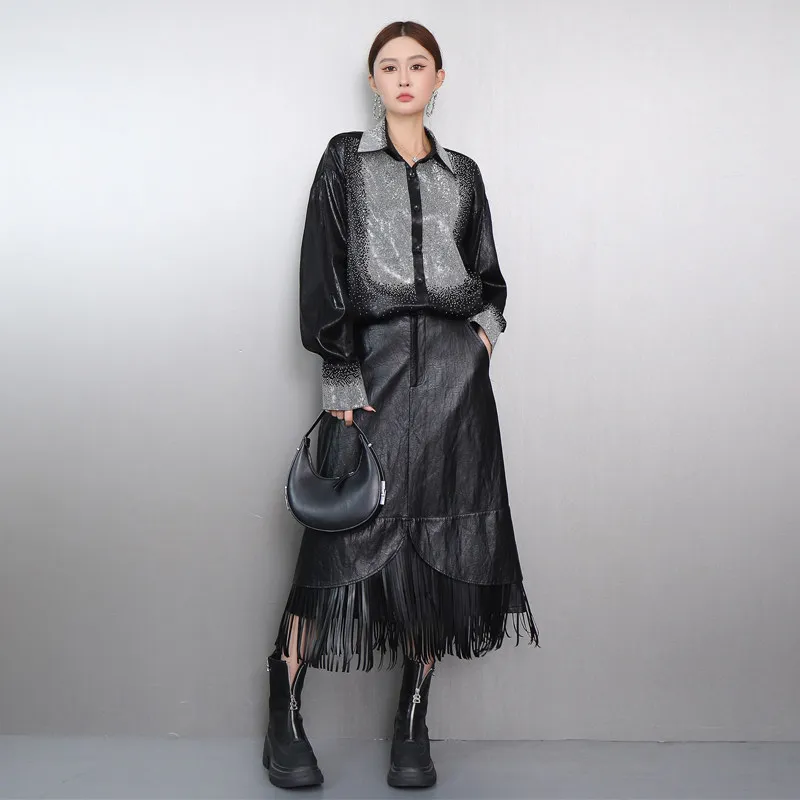 

Женская рубашка SuperAen High Street черного цвета с пайетками и пэчворком, новинка весны 2026, модный свободный топ с длинными рукавами