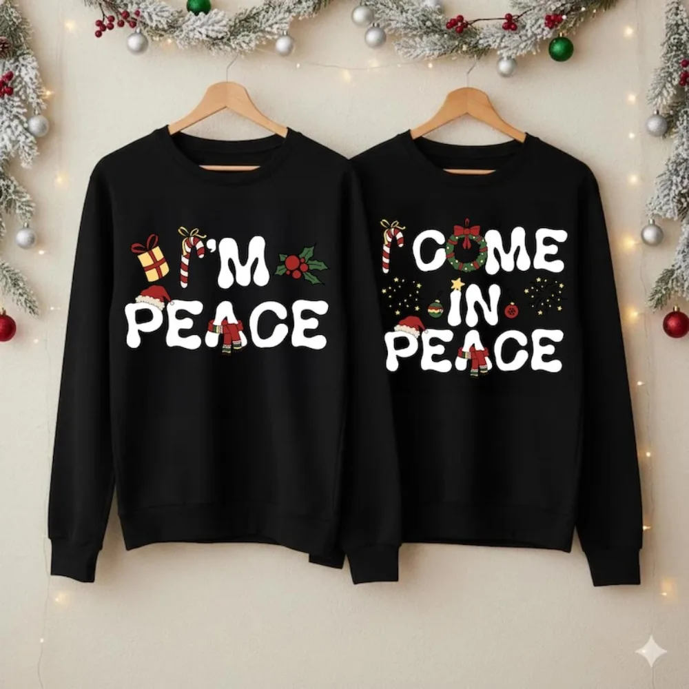 Śmieszne świąteczne bluzy z napisem \\\\\\\"I Come in Peace\\\\\\\" dla par, pasujące ubrania, świąteczny nadruk, festiwalowy świąteczny sweter, strój na przyjęcie bożonarodzeniowe