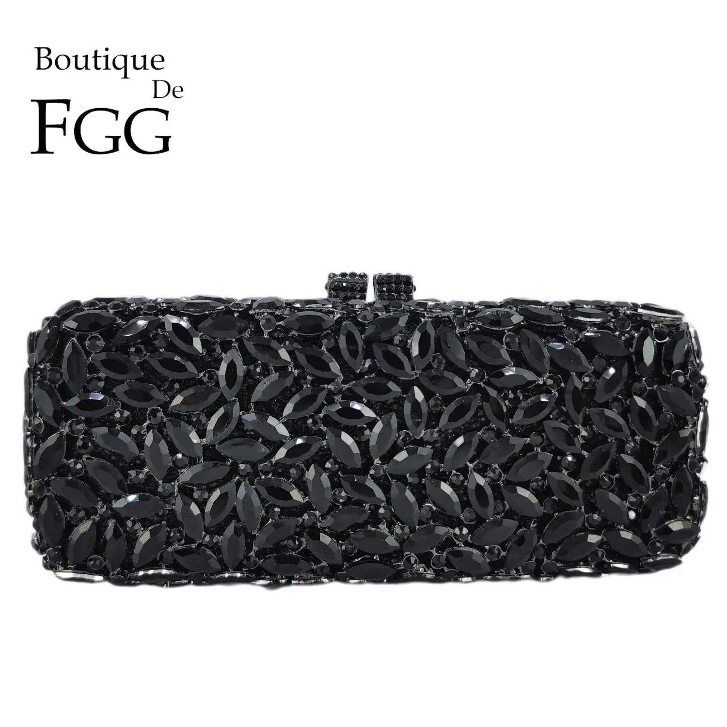 Boutique De FGG luksusowe damskie czarne torby wieczorowe z kryształowym uchwytem panna młoda kopertówka z kryształami górskimi imprezowa kolacja diamentowe torebki