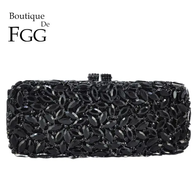 Boutique De FGG luksusowe damskie czarne torby wieczorowe z kryształowym uchwytem panna młoda kopertówka z kryształami górskimi imprezowa kolacja diamentowe torebki