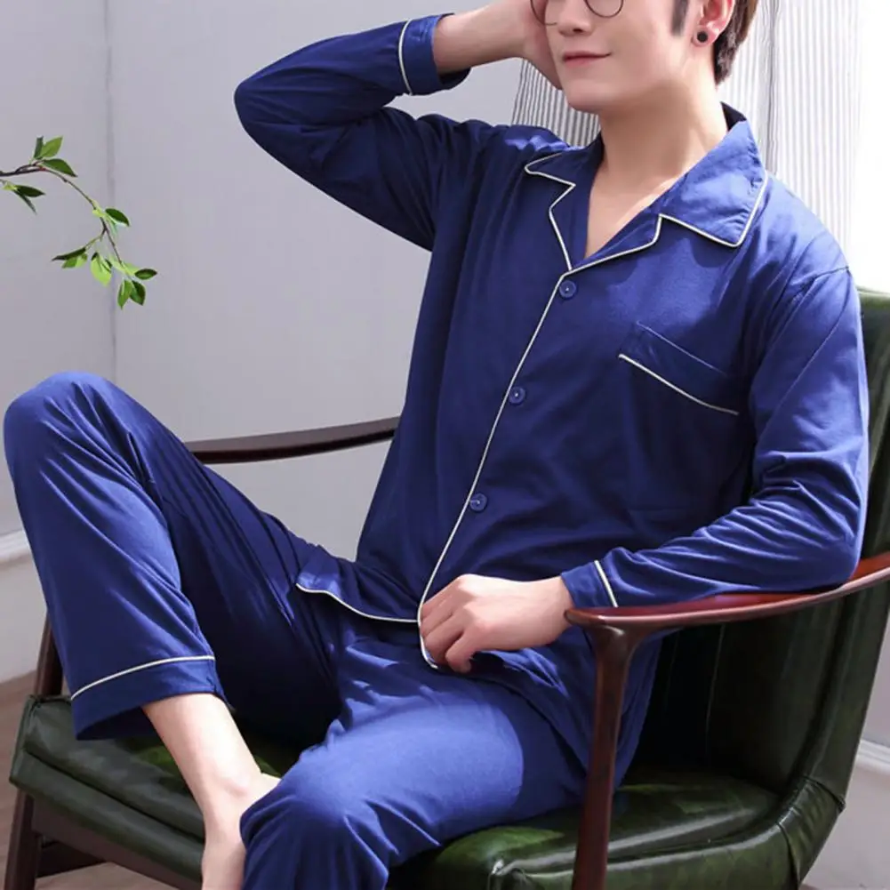 2 Pcs/Set Men Pajamas Lapel Satin Solid Color Pocket Sleepwear Warm Soft Spring Homewear Set For Home Pijamas Calças E Terno