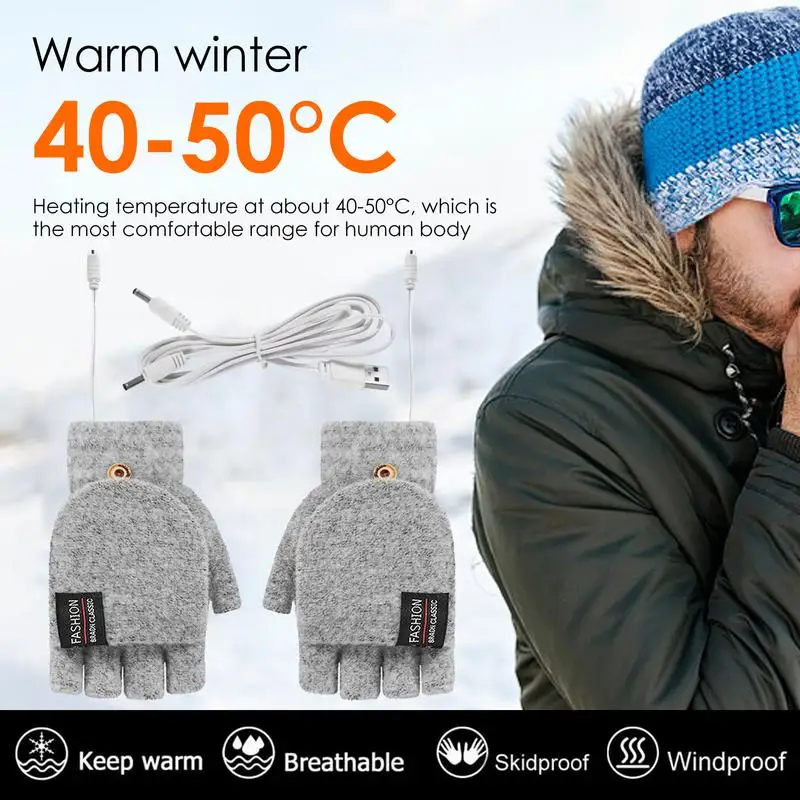 Winter Half-finger Double-sided USB Heating Gloves Lip Cover Wool Warmth Fingerless Mittens 5V Skiing Fishing Heated Glove