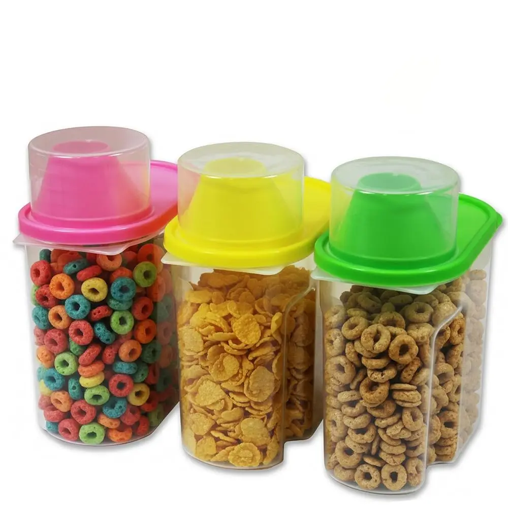 

Набор из 3 маленьких герметичных контейнеров для хранения продуктов объемом 1,9 литра с дозирующими крышками-лейками и мерными стаканчиками для муки, сахара, круп