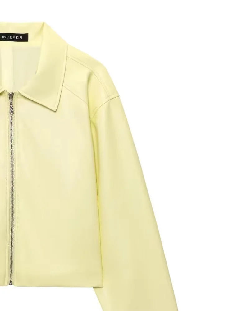 HH Vrouwelijke 2025 Herfst Nieuwe Mode Vintage Gele Revers Rits Lange Mouw Jas Vrouwelijke High Street Causale PU Leren Jas