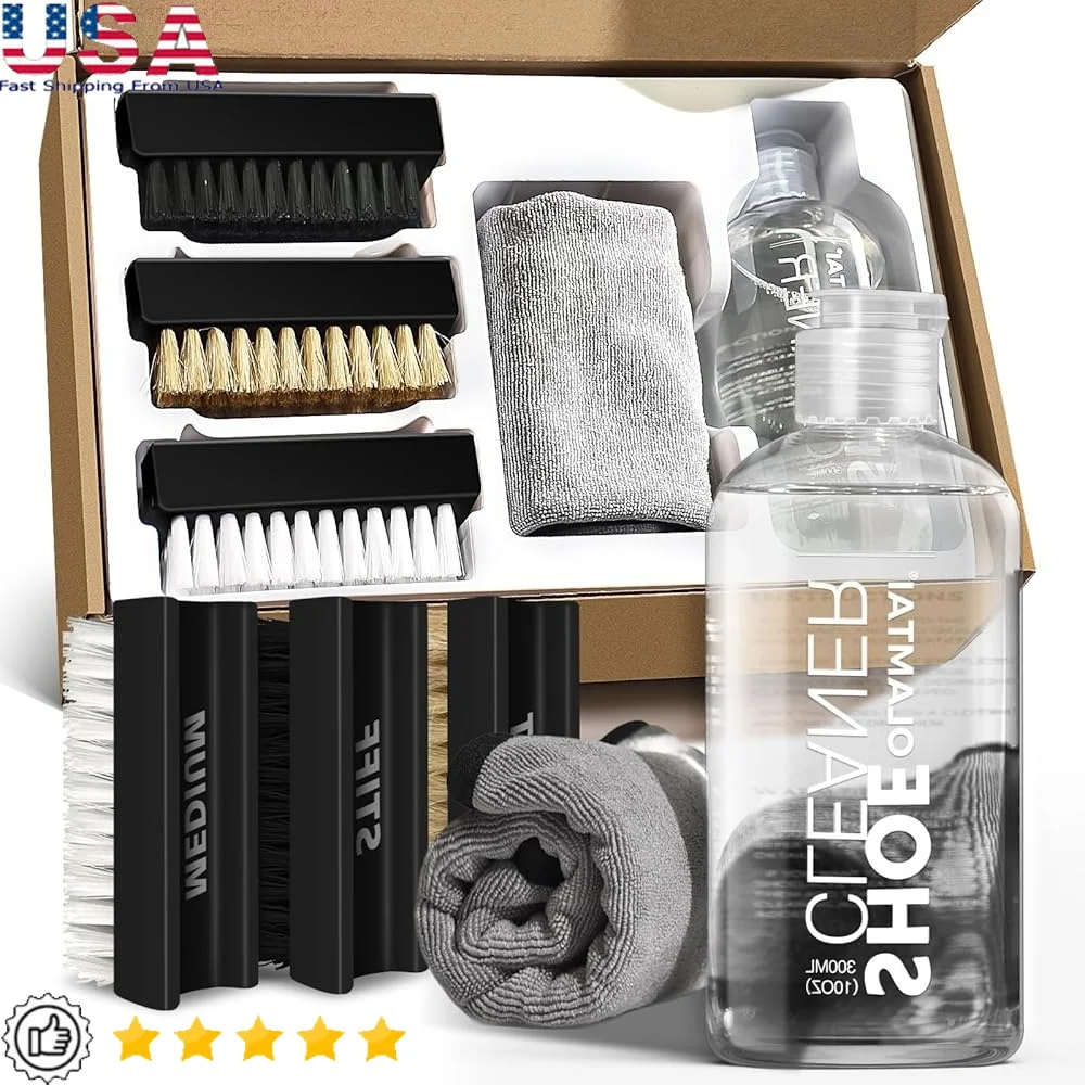 

Набор для чистки обуви, раствор для чистки кроссовок на 10 унций с 3 щетками, полотенце из микрофибры, безопасный кожаный замшевый холст