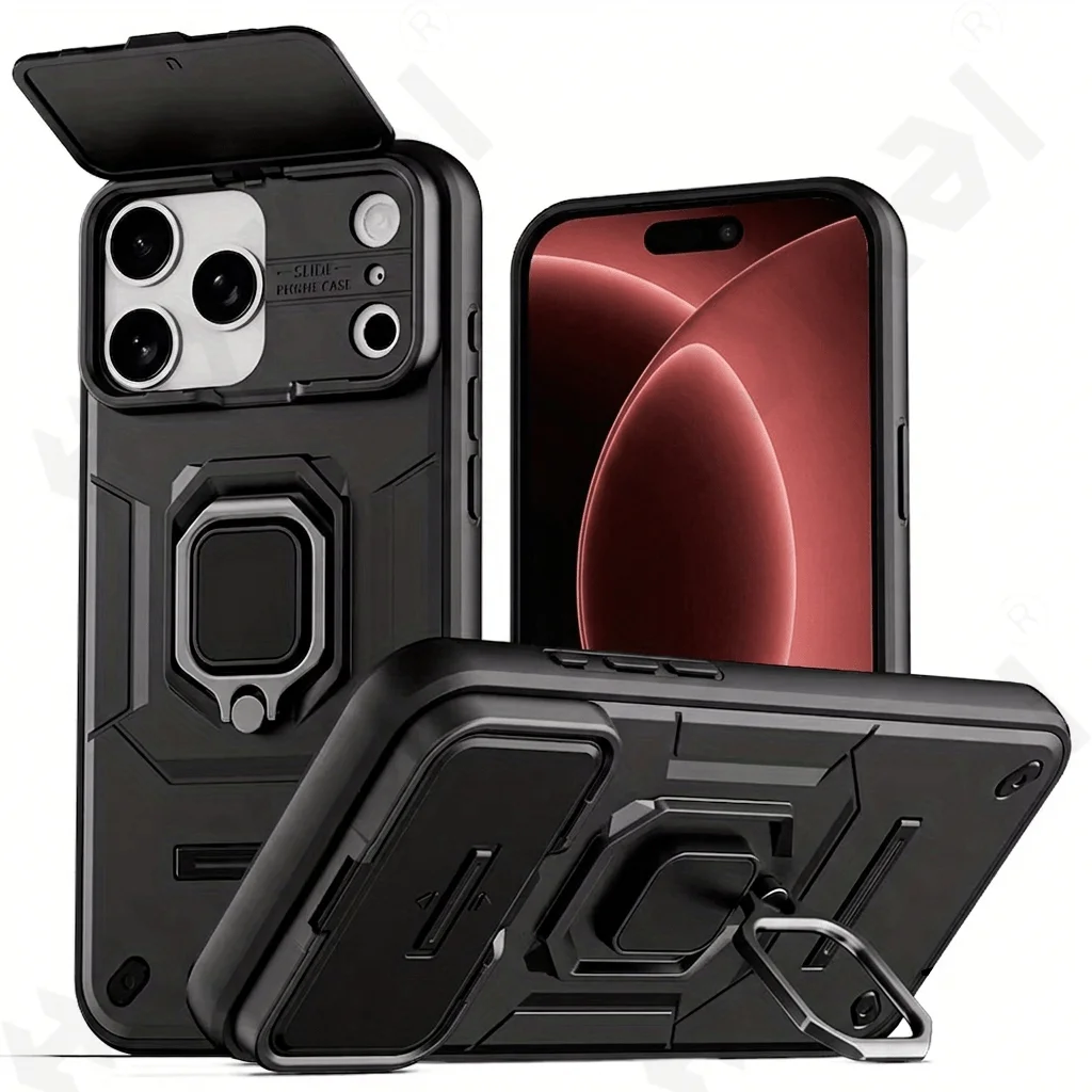 Case For iPhone 18 17 16 15 14 13 Pro Max Plus Hrad Matte Black Case with Slide Camera Protective Case Anti-Shock Ultra Cover