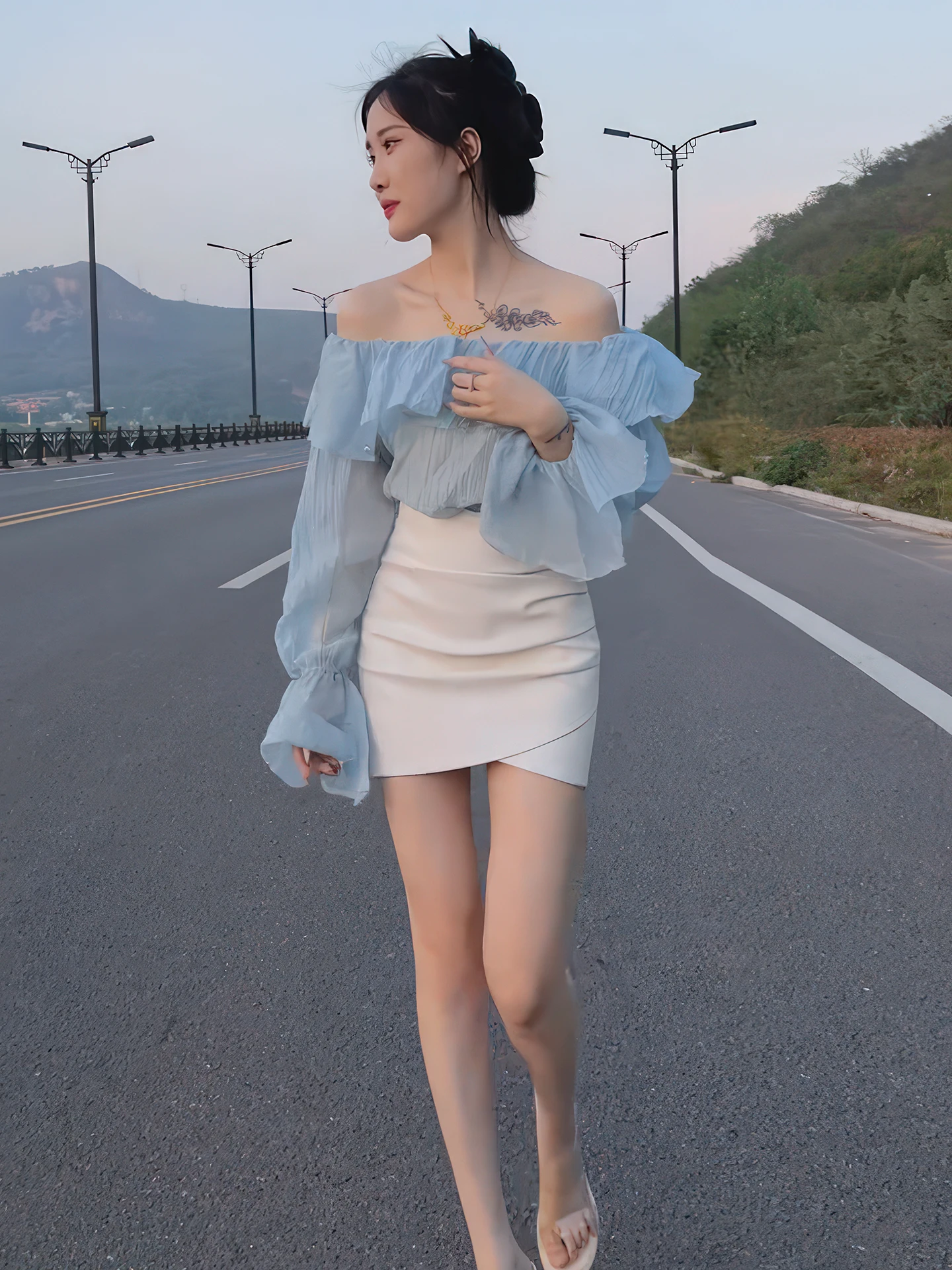 Ele Summer 2025 Women's Off-oulder Gauze Top High Waist  Skirt Two-Piece Set Floral Lace Hemline Long Sve Ensemble