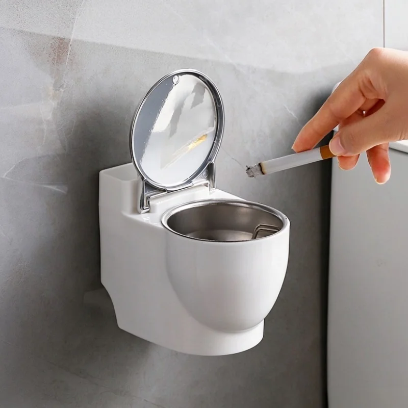 Novelty Mini Toilet Shaped Ashtray Wall Mount & Desktop Flip Cover Stainless Steel Liner Funny Smoking Accessory Festival Gift