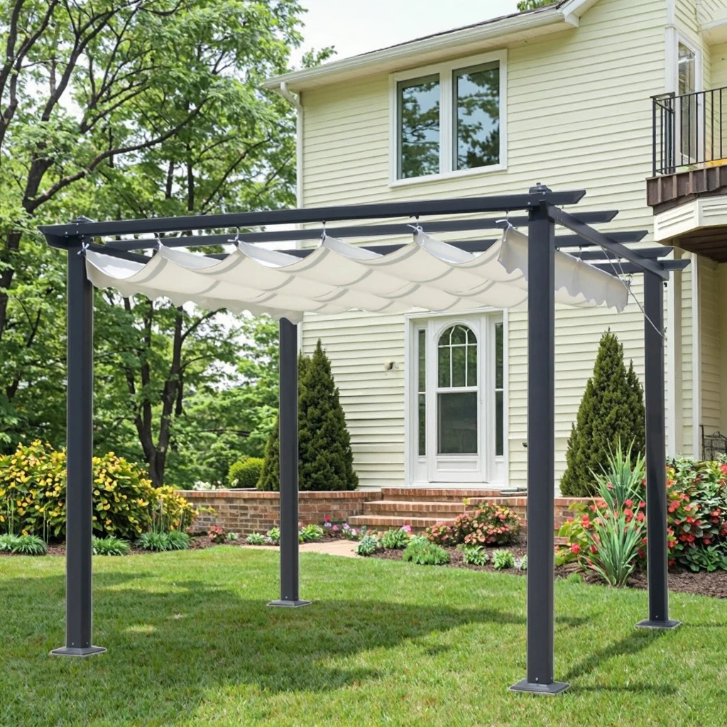 10ft X 10ft Aluminum Patio Gazebo Outdoor 3x3M Retractable Waterproof Sunshade Canopy Sliding Roof Shelter Pergola Gazebopromote