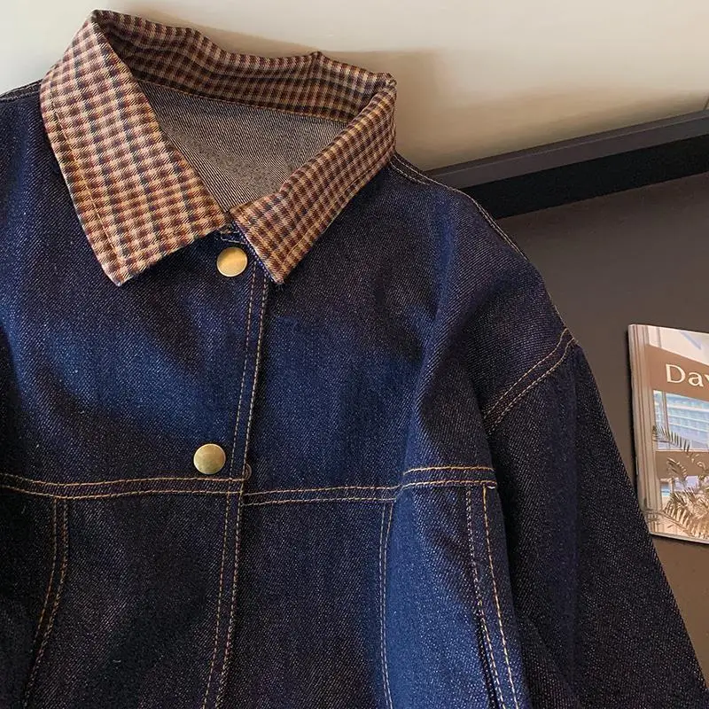 Retro plaid splicing lapel denim short jacket women's autumn 2025 new American casual simple versatile top