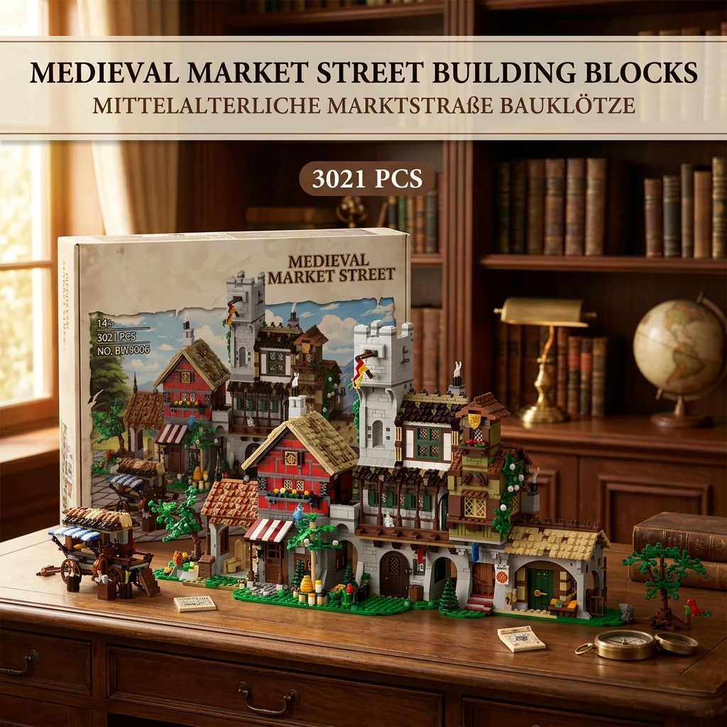 3021-teiliges Mittelalterliche Marktstraße Bausteine, Kreative Straßenansicht Retro-Architektur MOC Europäisches Vintage Modulares Haus, DIY Bausatz für Erwachsene Sammelbares Dekorationsgeschenk