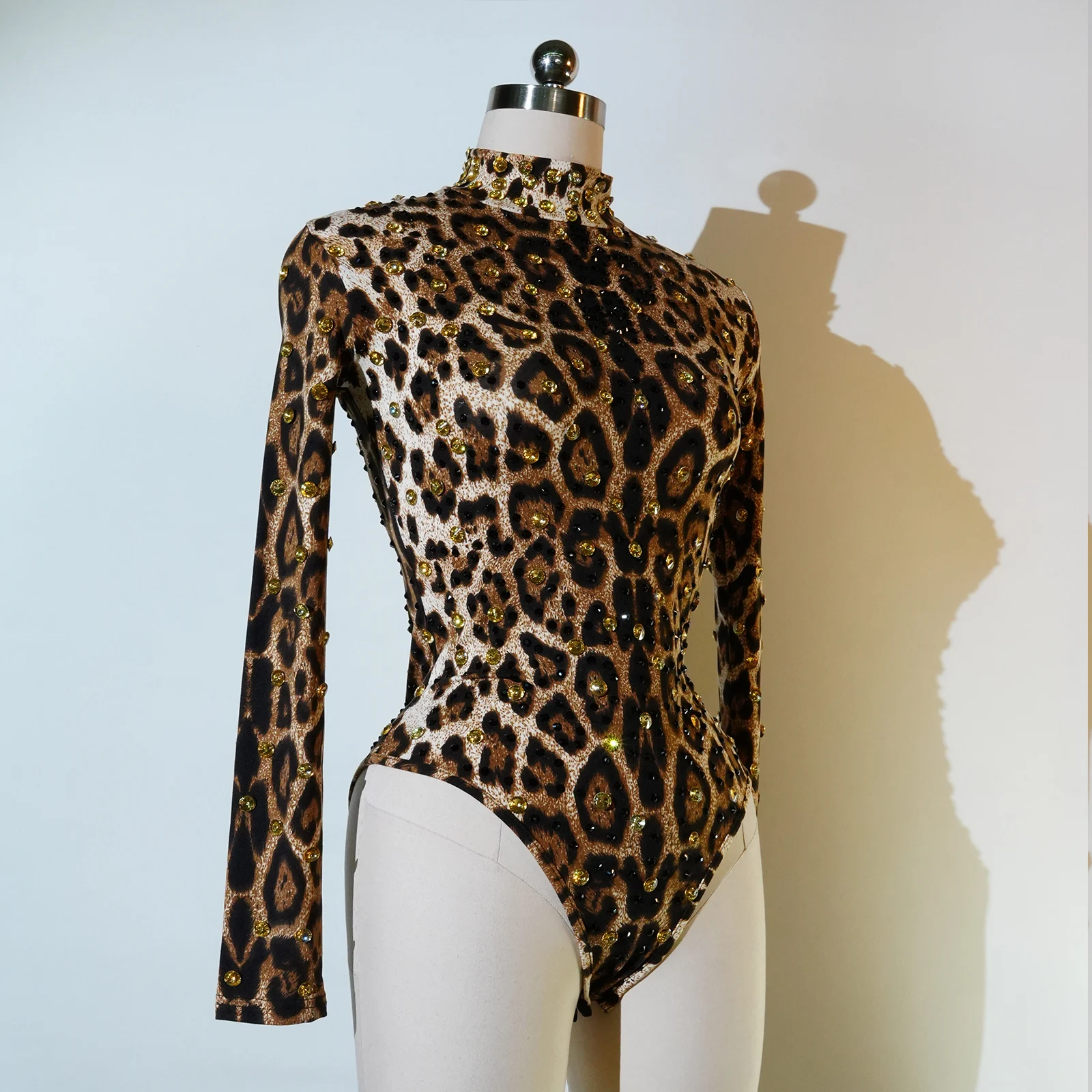 

Leopard Print Rompers Rhinestones Bodysuit For Women High Collar One Piece Bodycon dj Female performance pole dance costume