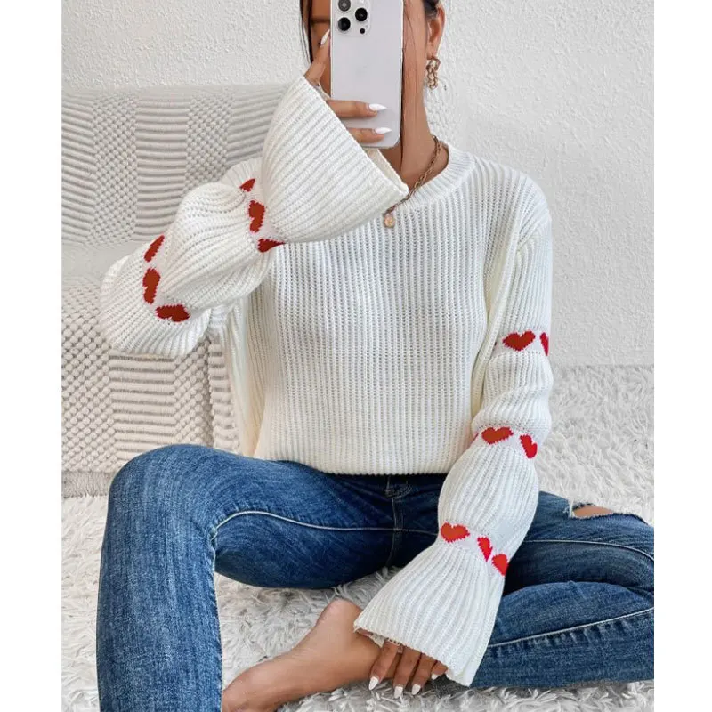 

2025 Autumn and Winter Sweater Women's Loose Base Long Sleeve Striped Elbow Love Head Round Neck Knitted Sweater Factory