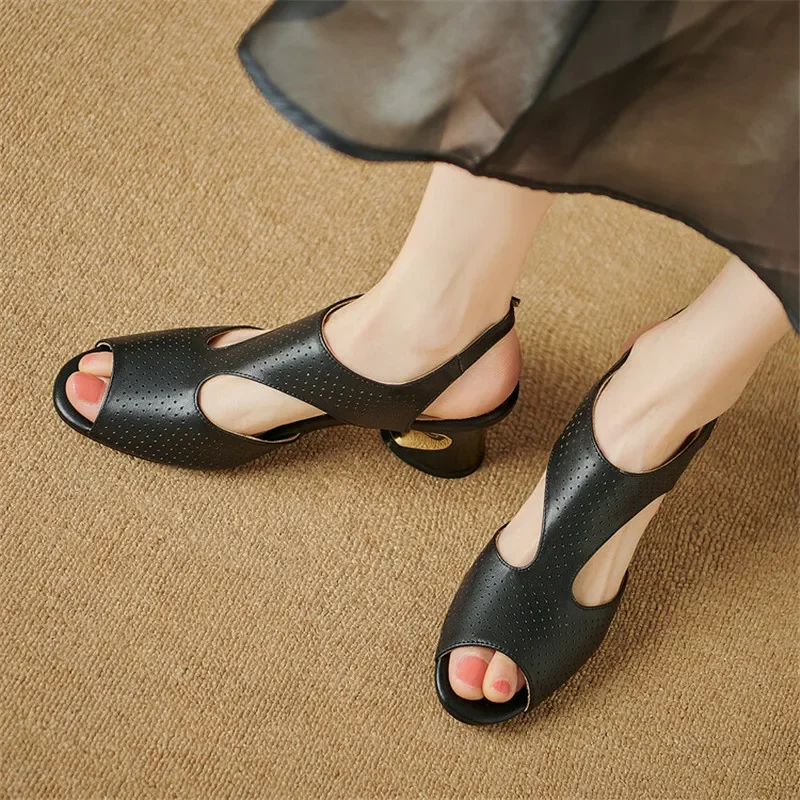 New Summer Sandals Round Toe High Heels Fashion Hollow Out Fish Billed Sandals Shoes for Women Zapatos De Mujer Ladies Shoes