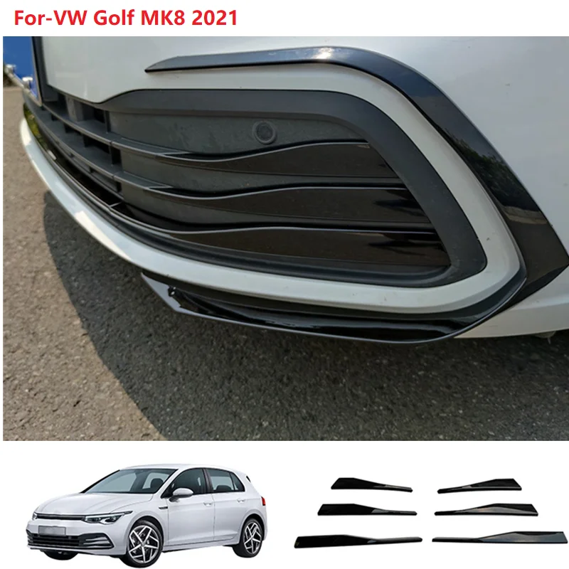 

For-VW Golf MK8 2021 Car Front Bumper Spoiler Lower Grille Fog Light Eyebrow Covers Trim Glossy Black Exterior Parts