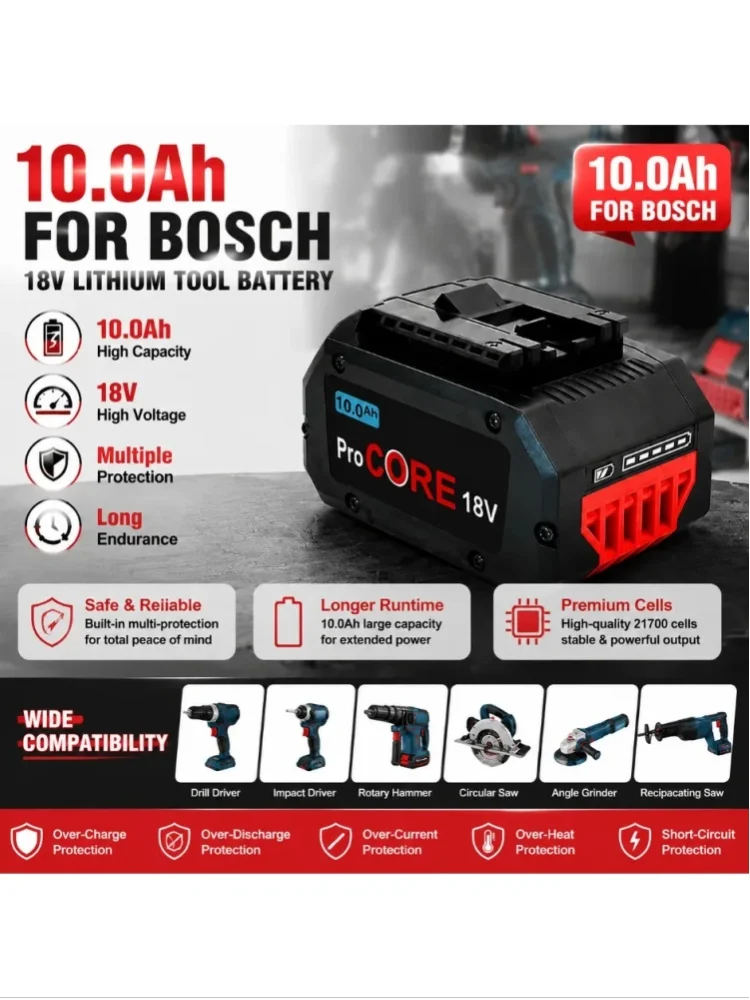 2026 100% Neuer Pro Core 18V 10,0Ah Lithium-Ionen-Akku GBA18V80 für Bosch 18 Volt MAX Kabellose Elektrowerkzeuge und Bohrmaschinen