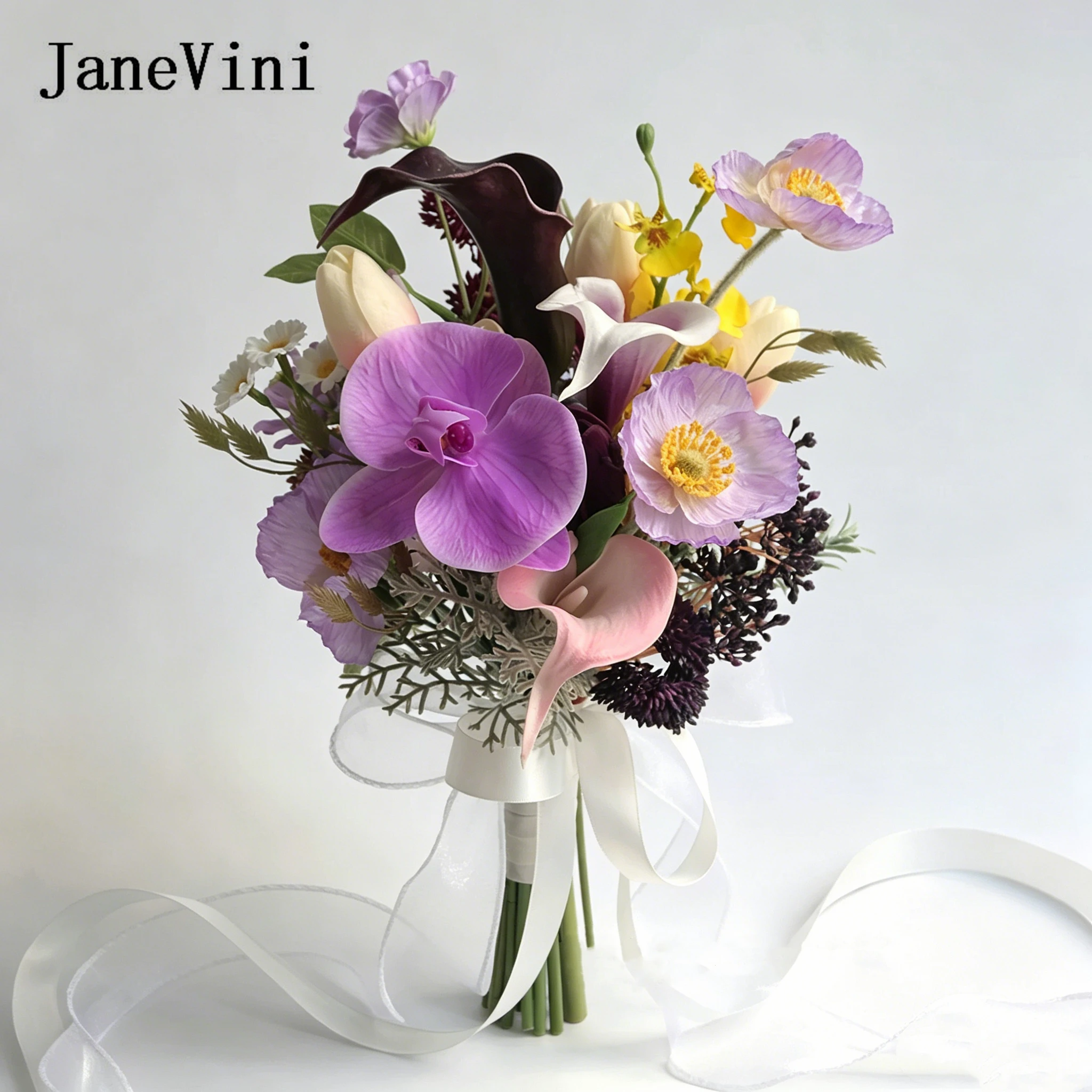 

JaneVini Purple Orchid Calla Lily Bridal Bouquet Artificial Flowers Real Touch Wedding Bouquet for Bride Bridesmaid Mariage 2026