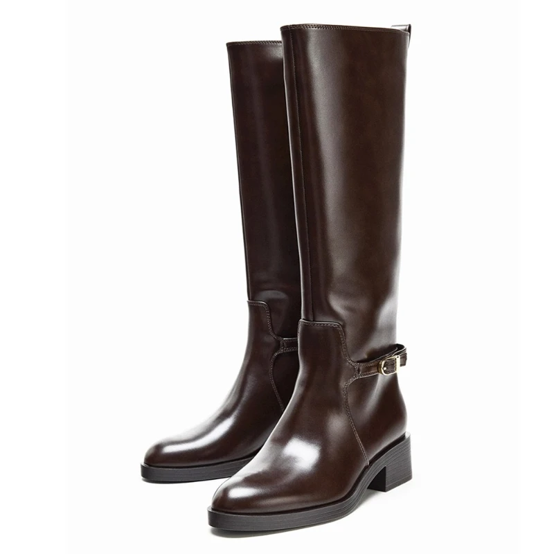 

Fashion Metal Buckle Decoration Knee Boots Women Autumn Vintage Brown Soft Leather Knight Boots Luxury Waterproof Designer Boots