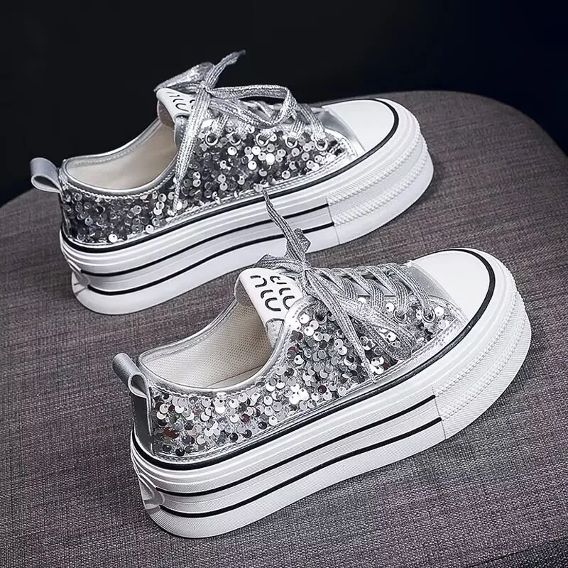 

Woman Platform Sneakers Wedge Shoes 2025 Female Spring Autumn Sequins Bling Casual Shoes Ladies Thick-soled Canvas Shoes