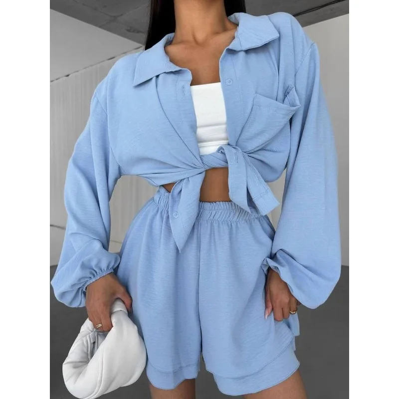 

Fashion Design Sense 2025 Spring Summer Women's Long Sleeve Top Ruffle Shorts Solid Color Simple Casual Fashion Suit Girls