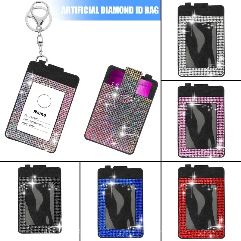 Shiny Crystal Car Storage Keychain Card Clip Organizer ID Badge Credit Card Holders Pocket Bag Vertical Punched Car Accessories