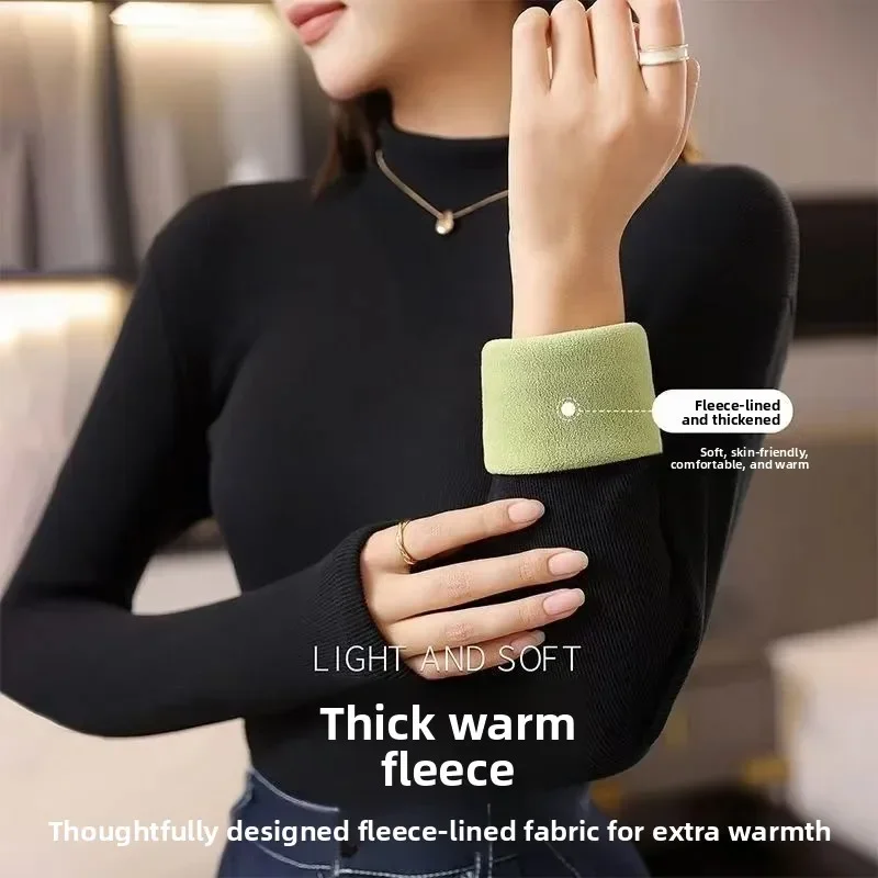 

Thickened Winter Long Sleeve Sweater Women's Slim Fit High Collar Base Shirt Fleece Lined Fashionable Stylish Warm Top