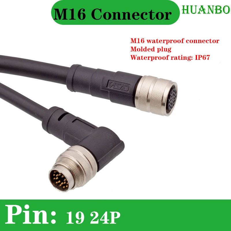 

M16 19 Pin 24 Pin core Injection Molded Straight Elbow Male Female Plug Waterproof IP67 Connector Cable Length 1m