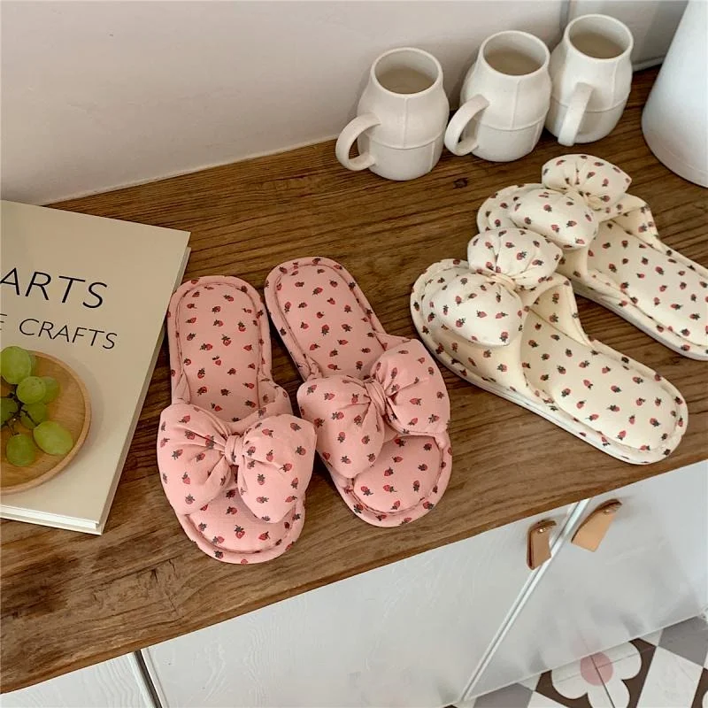 Fashion Casual And Comfortable Four Seasons Linen Slippers Indoor Home Cute Girly Heart Bow Slippers Women Shoes