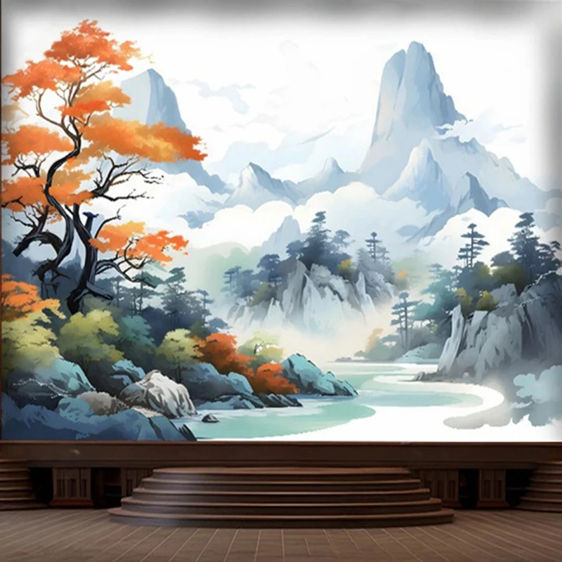 Customized Size Photo Mural Chinese Style Natural Landscape Tree Mountain Pattern Wallpaper Home Decor Background Painting 3D