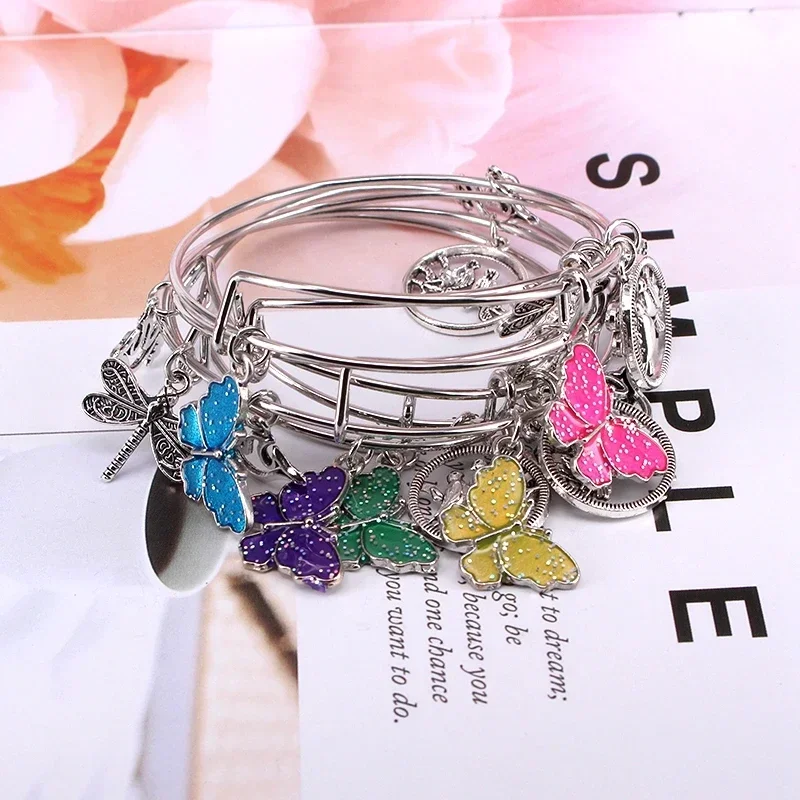 5pcs Bangle Set Butterfly Charm Bracelets for Women Birds Dragonfly Peace Dove Charms Bangles Cuff Jewlery E36