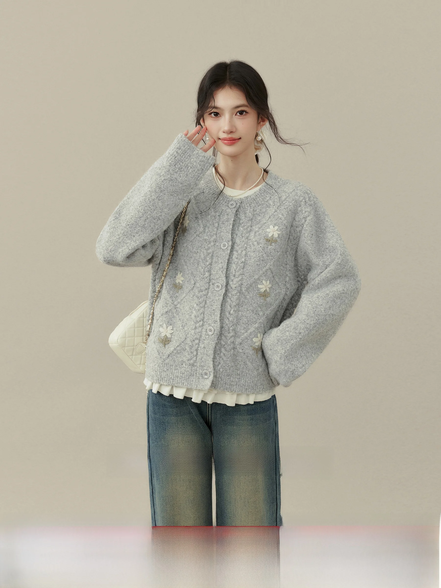 

ay Knitted Open Cardigan Sweater Embroidered Loose Fit Floral Decorated Fat Friendly Casual Sle Women's Winter Outerwear