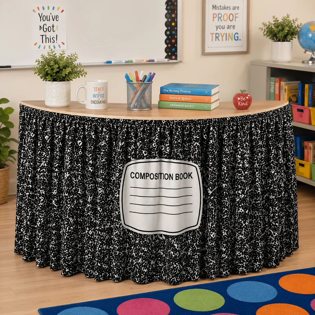Halloween, Christmas, party table skirt, 1-piece, composition notebook skirt, black and white composition notebook theme.