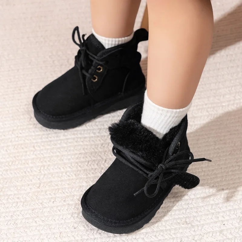 Kids' Black Suede Snow Boots Lace-Up Fleece-Lined Warm Winter Footwear for Children Fashionable Soft Soled Non Slip Leather Boot