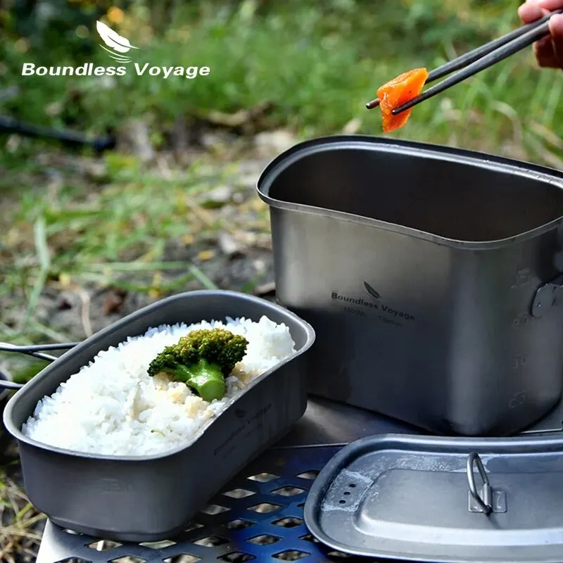 Boundless Voyage Titanium Hanging Pot Cup Cooking Set with Lid Folding Handles Outdoor Camping Cookware Mess Kit 1500ML + 600ML