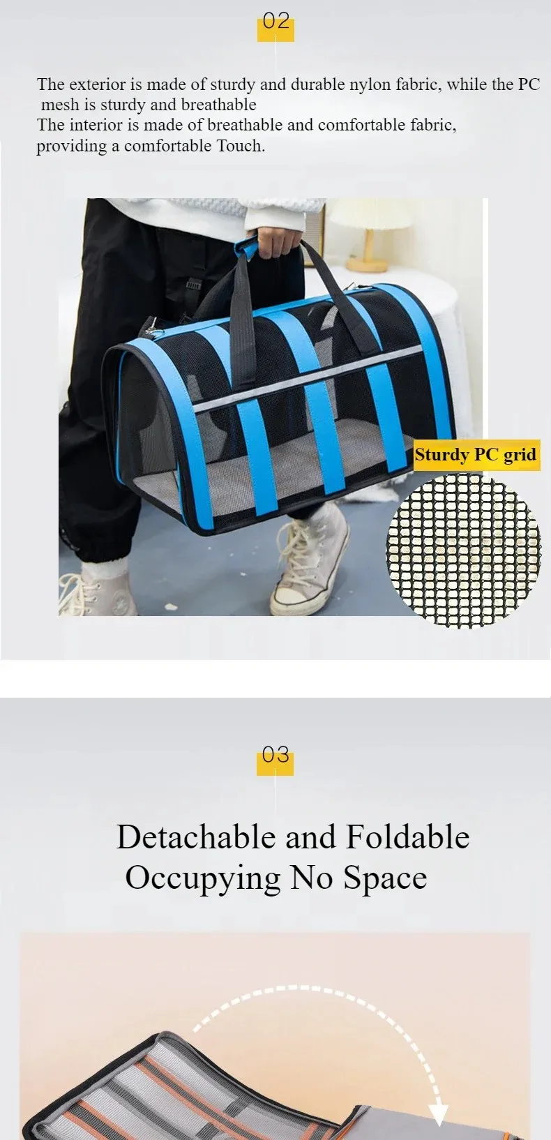Faltbare, belüftete Haustier-Schultertasche aus Netzstoff, tragbare, atmungsaktive Handtasche für den Außenbereich, für Kätzchen, Welpen, kleine Hunde, Katzen – Detail 9