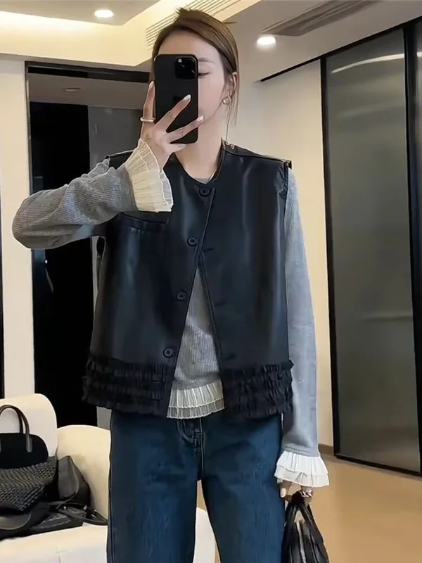 

Spring 2026 Women's Fashionable Outerwear Leather Vest with Hem Lace Design Commute Style Short Length round Neck Button Detail