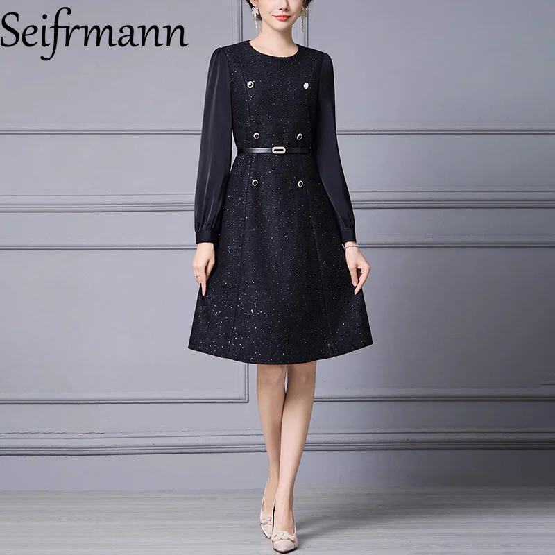 

Seifrmann 2026 Spring Women's New Fashionable and Elegant Round Neck Long Sleeve Belt Waist-Cinching Dress
