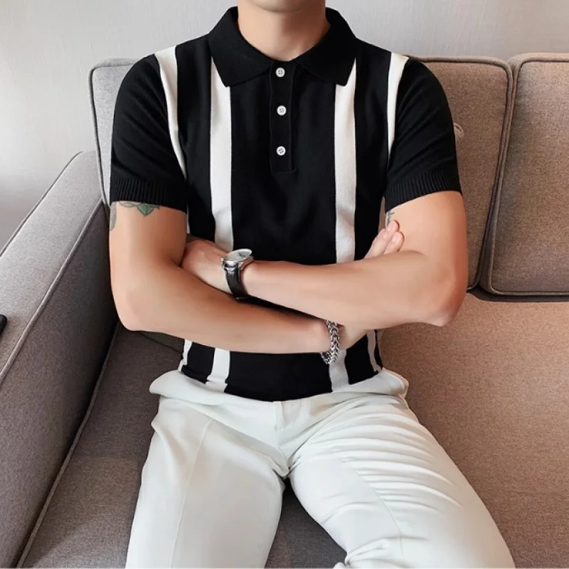 

Легкая роскошная рубашка в шелковую полоску в американском стиле ретро, мужская рубашка с коротким рукавом и отложным воротником, повседневный вязаный топ