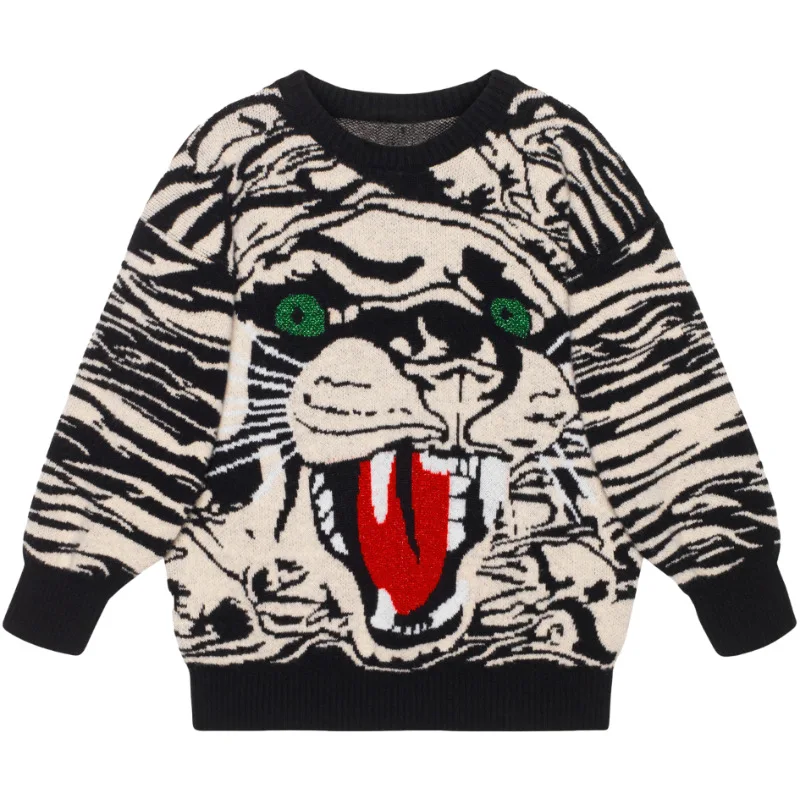 Amazon Cross border Supply Jacquard Splicing New Tiger Head Color Block Pullover for Men\'s Knitwear in Stock