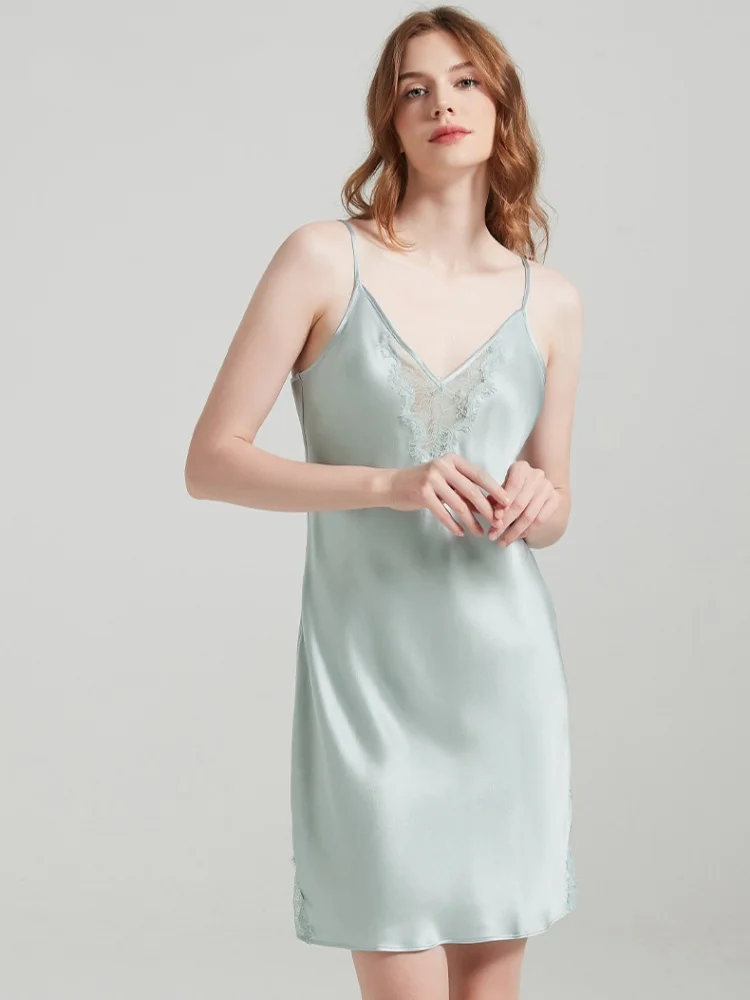 BirdTree, OEKO-TEX, 19MM 100%Real Silk Pajamas Dresses, Women Plain Satin Lace Sling Dress, Casual Nightdress, 2026 New D61007JF