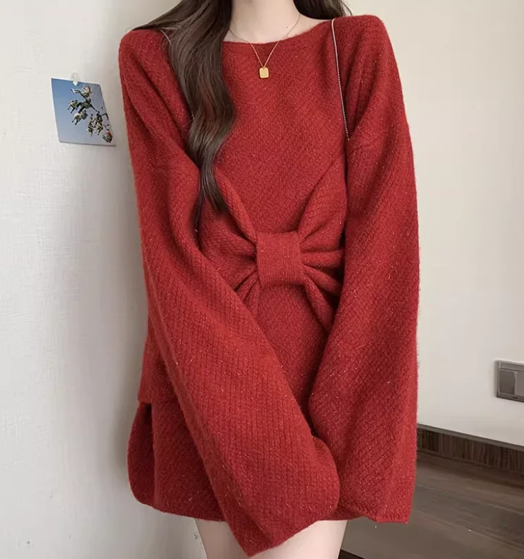 الخريف حجم كبير الأحمر فضفاضة طويلة الأكمام طاقم الرقبة سترة المرأة سميكة محبوك المتوسطة وطويلة الحلو القوس سترة قطعتين مجموعات